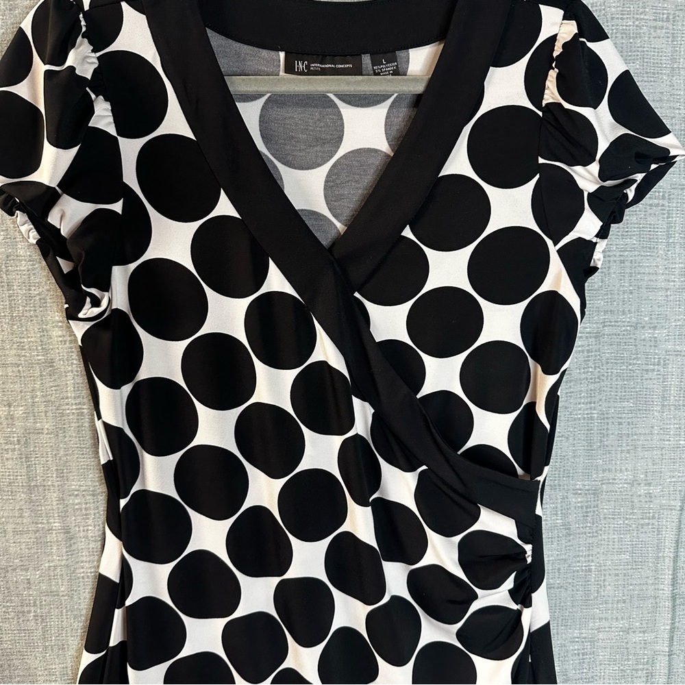INC International Concepts Petite Polka Dot Faux Wrap Dress Black White Large PL - Picture 2 of 10